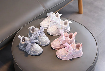 Baby Girl's Casual Sneakers for Spring Fall Shiny Sequins & Bow Ribbon Decor Sports Shoes Kids Skate Shoes
