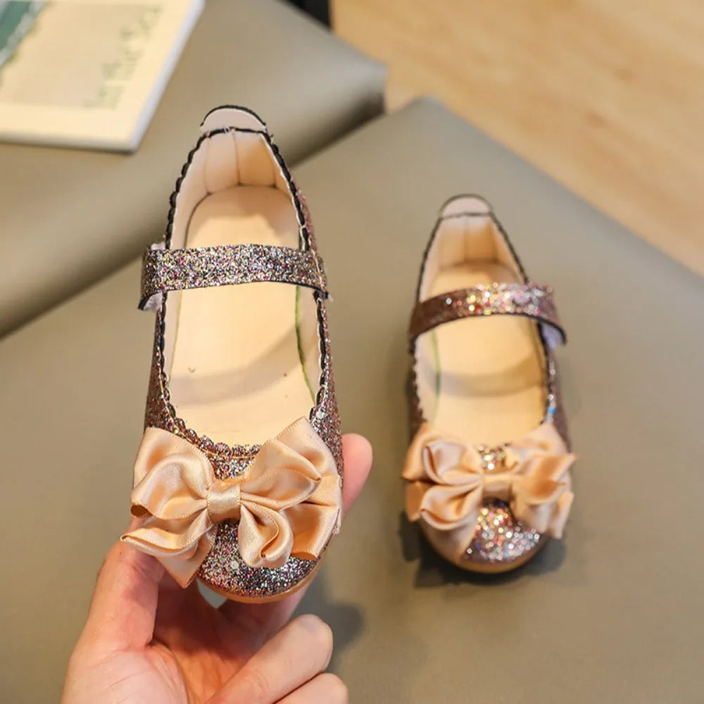 Female Glitter Princess Dress Shoes Soft Bottom Bow-knot Dance Party Shoes Bright Non-slip Leather Shoes Girls
