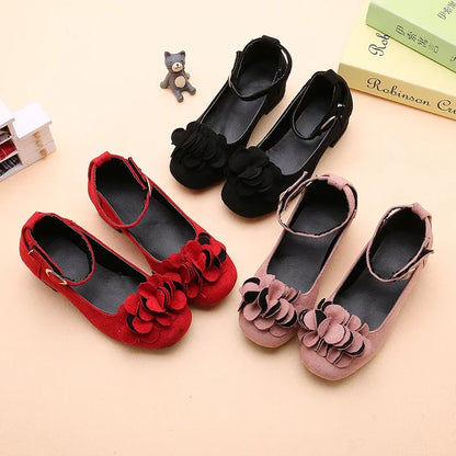 Girl's High Heel Shoes Spring Autumn Kids Leather Shoe Fashion Sweet Flower Children Princess Shoes for Wedding Party Versatile