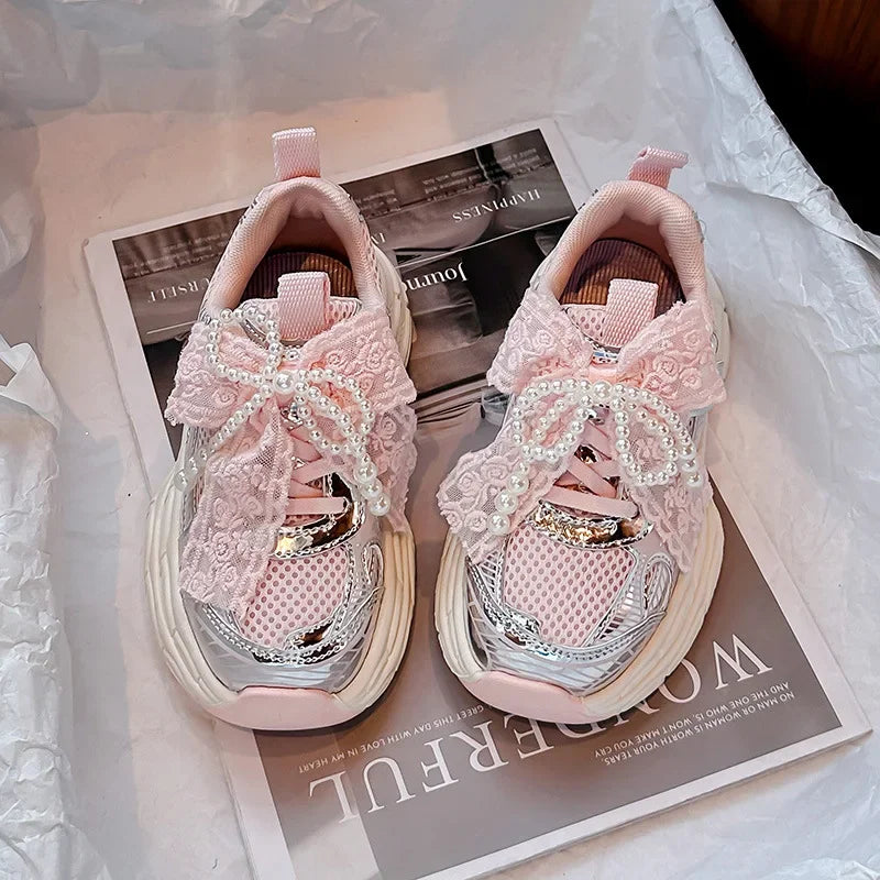Girls Running Shoes with Sweet Mesh Bow Kids Sports Shoes Breathable New Fashion Children Sneakers Princess Style Cute