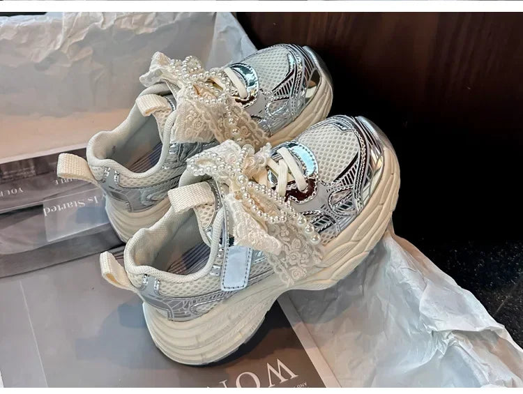 Girls Running Shoes with Sweet Mesh Bow Kids Sports Shoes Breathable New Fashion Children Sneakers Princess Style Cute