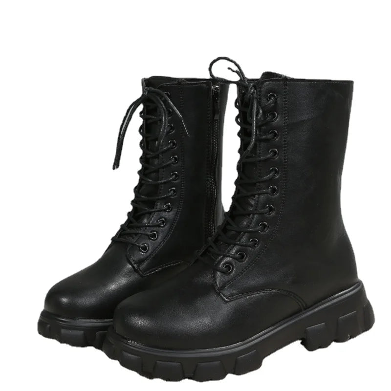 Boots Women Autumn Winter PU Leather White Ankle Boots Motorcycle Botines Female Chunky Heels Platform Boots Botas Mujer