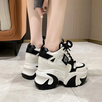 Women Walking Sneakers 2025 Spring Lace-up High Platform Chunky Shoes Breathable Leather Shoes 10CM Wedge Heels Casual Shoes