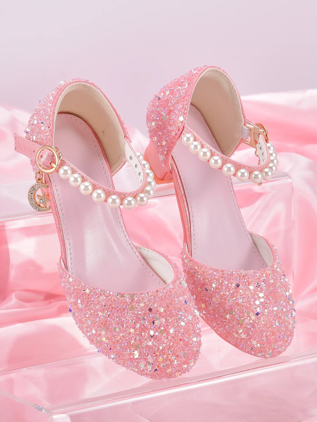 Girls' Princess Style High Heel Shoes With Shiny Star Pendant Decoration, Suitable For Dress And Birthday Party