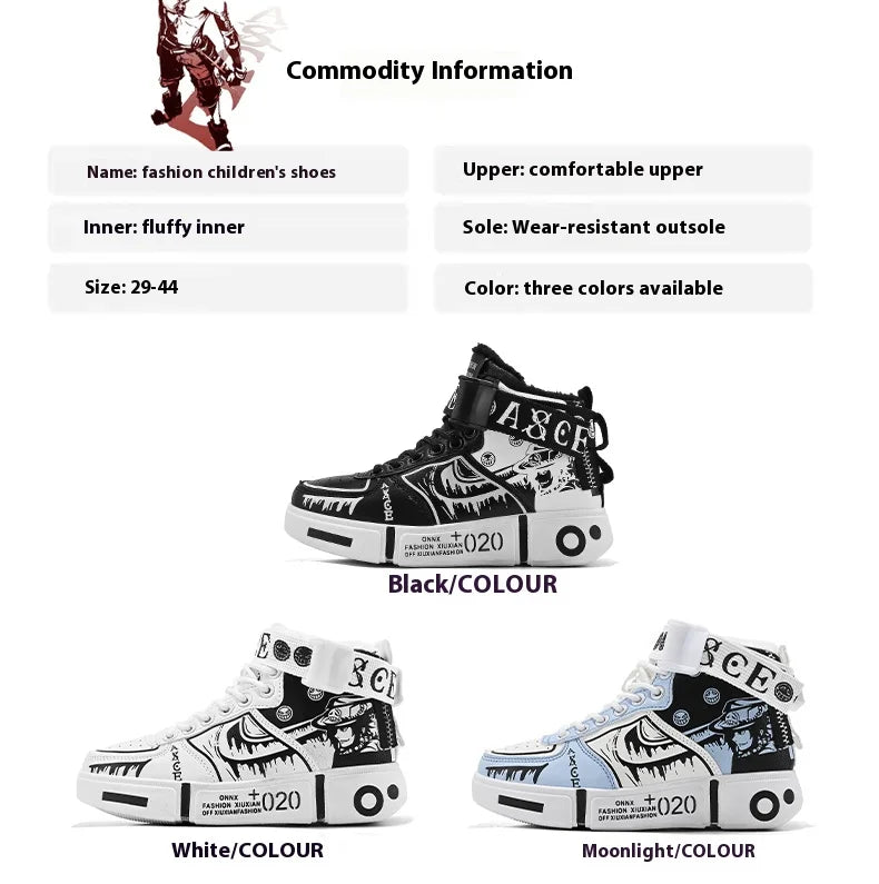Boys' high-top sneakers Autumn new style children's sports shoes Buckle student soft-soled fleece casual shoes