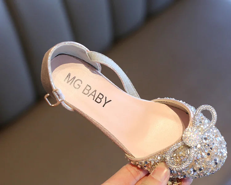 Girls High Heels for Kids Party Wedding Evening Dress Shoes Fashion Bow Diamond Crystal Shoes Princess Stockings Girl Sandals