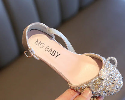 Girls High Heels for Kids Party Wedding Evening Dress Shoes Fashion Bow Diamond Crystal Shoes Princess Stockings Girl Sandals