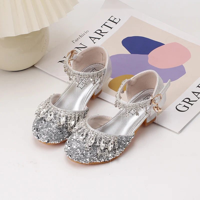 Girls' high-heeled princess shoes model catwalk show silver children's dress shoes shiny stage crystal sandals
