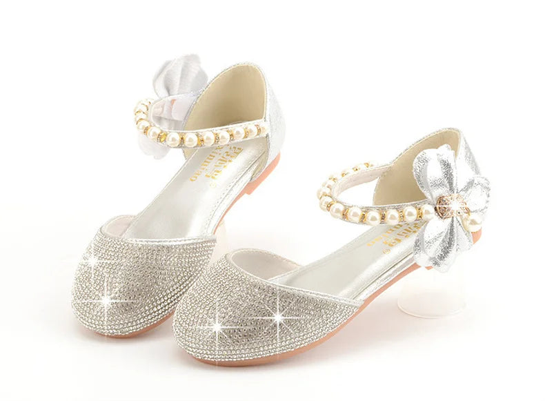 Girls Wedding Shoes Glitter New Brand Flat Heels Children Princess Sandals Dance Kids Fashion Party Shoes with Pearl
