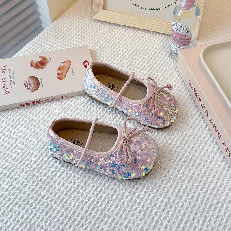 Girls Shoes Kids Glitter Leather Shoes for Wedding Stage Party Sequins Bling Shiny with Bow-knot Princess Soft Children's Flats