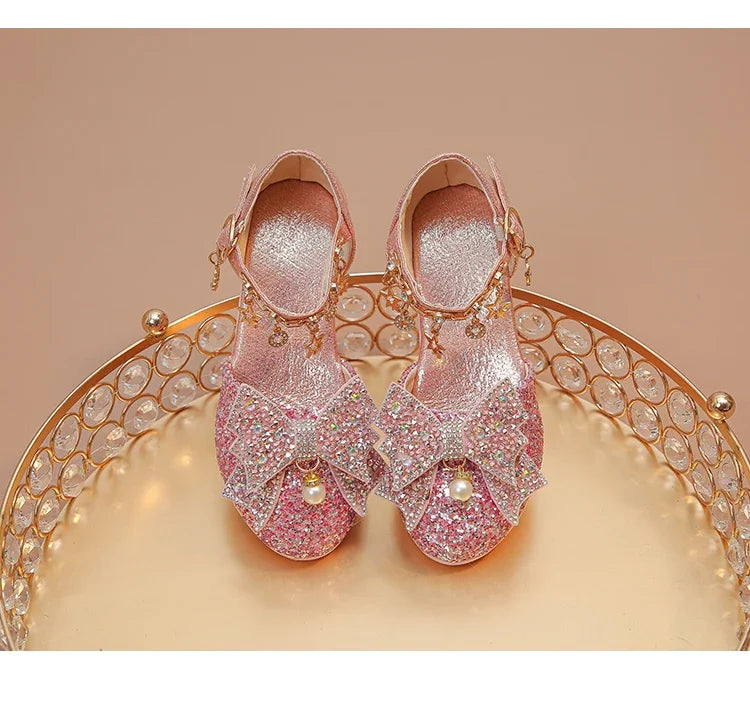 Girls High Heeled Leather Shoes High Heels for Wedding Party Glitter Rhinestone with Bow-knot Kids Dress Pendant Bling Sparkling
