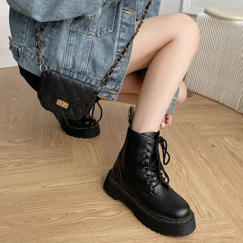 Women's Boots New Genuine Leather Ankle Shoes Chelsea Botas Ladies Classic Punk Platform Shoes Women Casual High Heels Boots