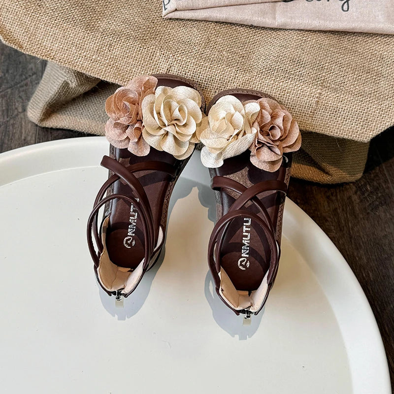 Girls' Sandals Summer New Children's Flower Princess Shoes Medium Large Children's Soft Bottom High Butt Roman Shoes