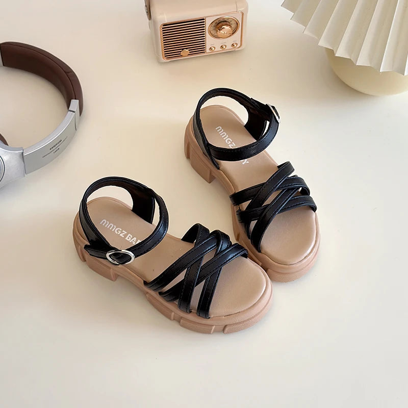 Girls Sandals 3-18 Years Old Beige Open-toe Woven Kids Beach Shoes Summer New Green Fashion Hundred Children's Sandals Shoes