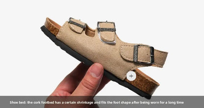 Boys Summer Soft Soled Cork Sandals Children One Line Herringbone Slippers Girl Beach Breathable Double Ring Buckle Casual Shoes