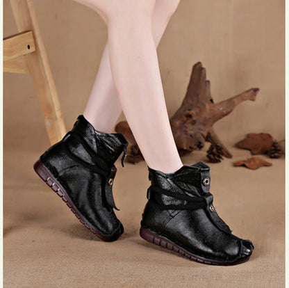 Women's Boots Autumn and Winter New Flat Soft Soled Short Boots National Style Vintage Womens Shoes Warm and Cotton Shoes