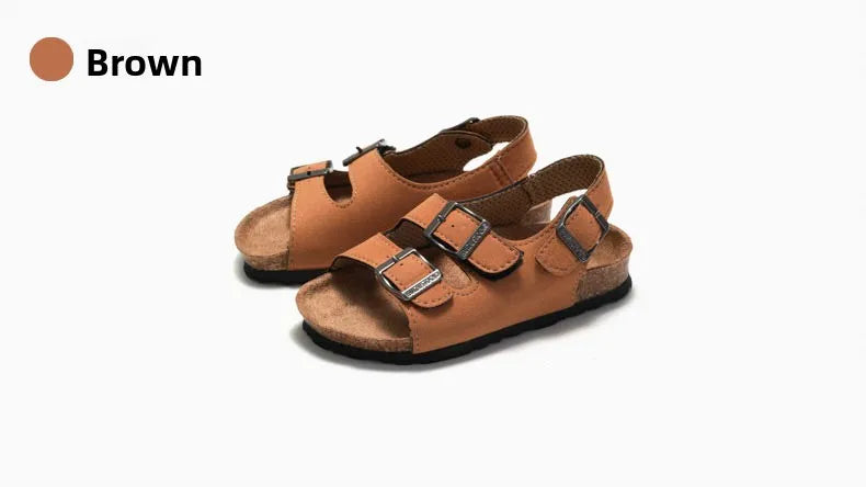 Boys Summer Soft Soled Cork Sandals Children One Line Herringbone Slippers Girl Beach Breathable Double Ring Buckle Casual Shoes