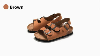 Boys Summer Soft Soled Cork Sandals Children One Line Herringbone Slippers Girl Beach Breathable Double Ring Buckle Casual Shoes