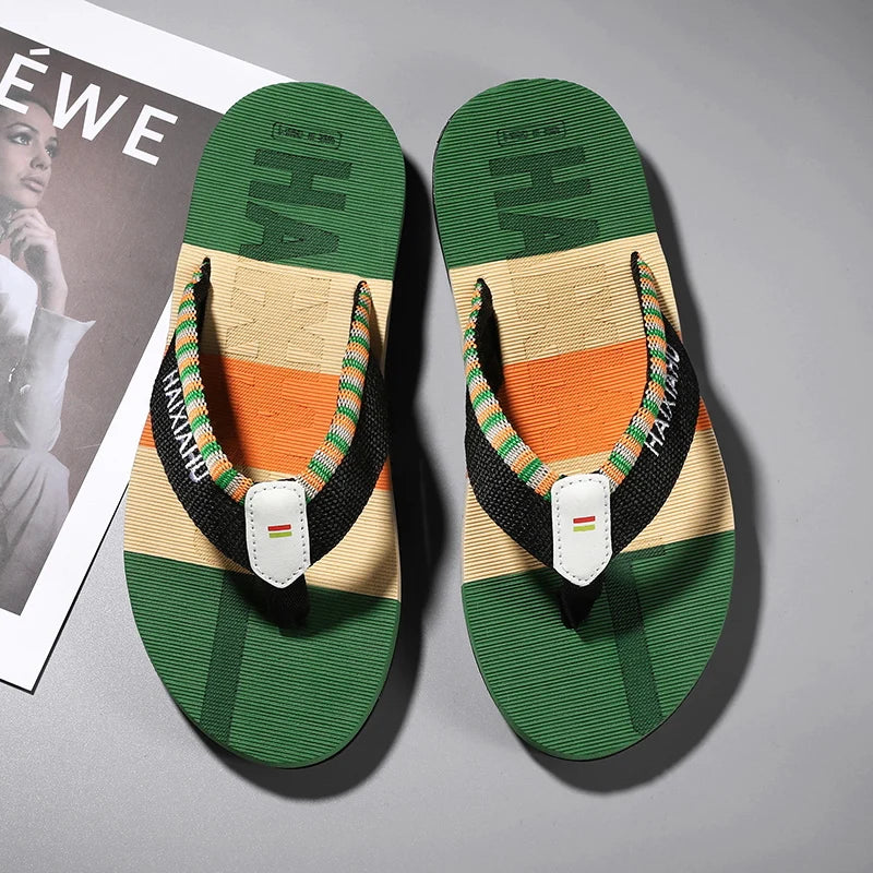 Men Slides Cloth Tape Woven Color Matching Stripe Wear-resistant Slippers (Available)