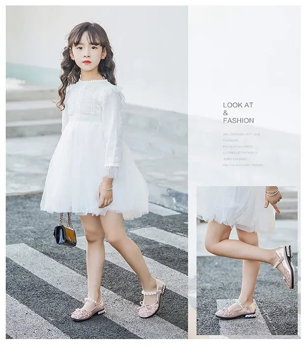 Children's Wedding Shoes Princess Party Girls' Shoes Mary Jane Flats Elastic Shoes Baby Fashion Pearl Diamond Kids Dance Shoes