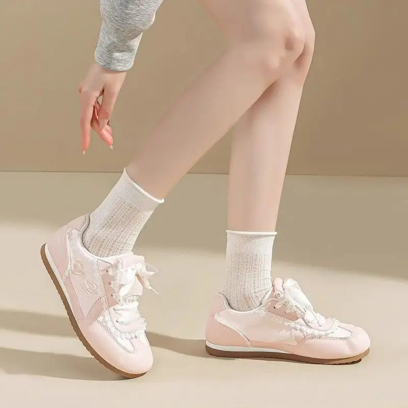 Girly Dopamine Pink Sneakers 2025 Fall New Women's Lightweight Ballet Flats Round Toe Lace Detail White Casual Walking Shoes