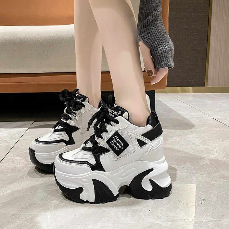 Women Walking Sneakers 2025 Spring Lace-up High Platform Chunky Shoes Breathable Leather Shoes 10CM Wedge Heels Casual Shoes