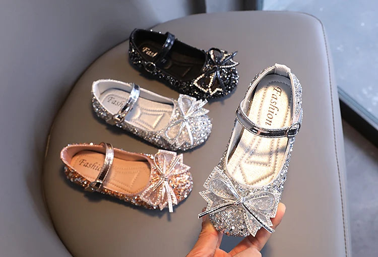 Girl's Princess Shoes Crystal Sequins Bowtie Party Glitter Children Mary Janes Three Colors Wedding Shallow Chic Kids Shoe 26-36