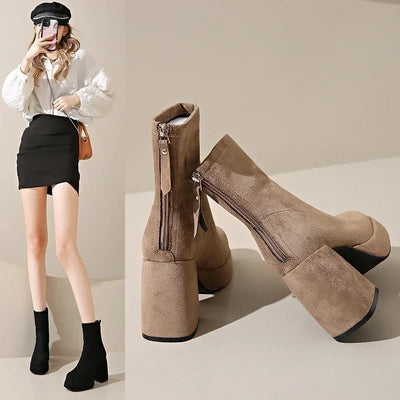 2024 Women's Fashion High-heeled Boots Winter New British Style Soft Sole Anti-slippery Catwalk Versatile Keep Warm Leather Shoe