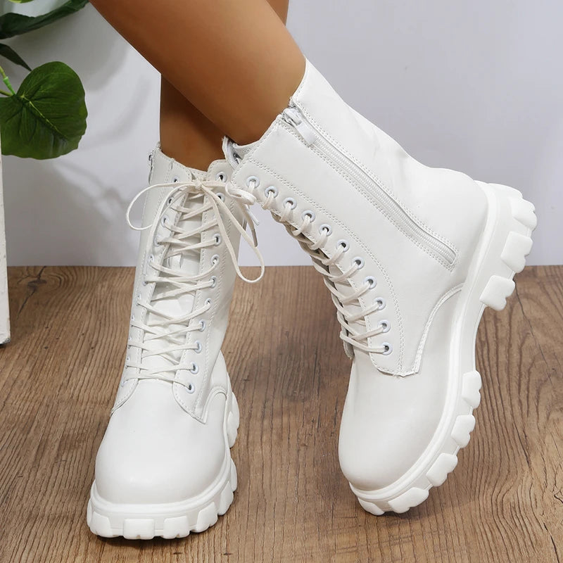 Boots Women Autumn Winter PU Leather White Ankle Boots Motorcycle Botines Female Chunky Heels Platform Boots Botas Mujer