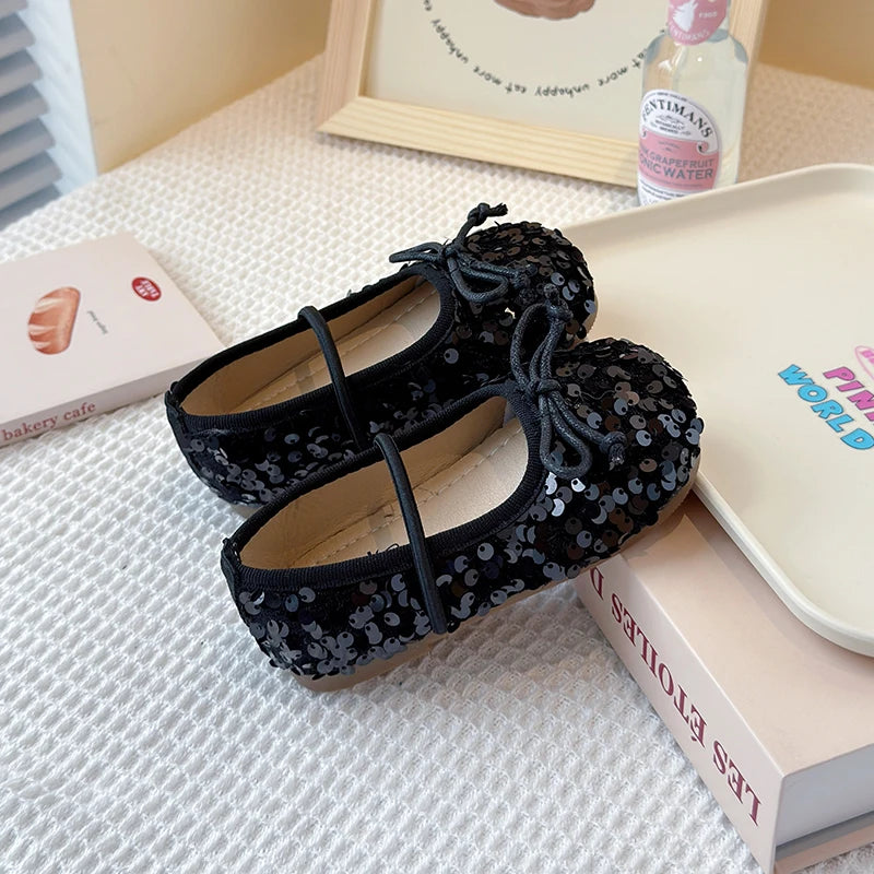 Girls Shoes Kids Glitter Leather Shoes for Wedding Stage Party Sequins Bling Shiny with Bow-knot Princess Soft Children's Flats
