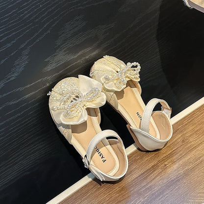 Baby Girls Summer Fashion Soft Lightweight Elegant Beaded Bow Flat Sandals Kids One-piece Cute Cartoon Dance Princess Shoes