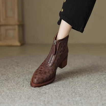 Women's Short Boots New Autumn Winter Zipper Vintage Chunky Heel Middle Heel Shoes Comfortable Warm Non Slip Fashion Boots