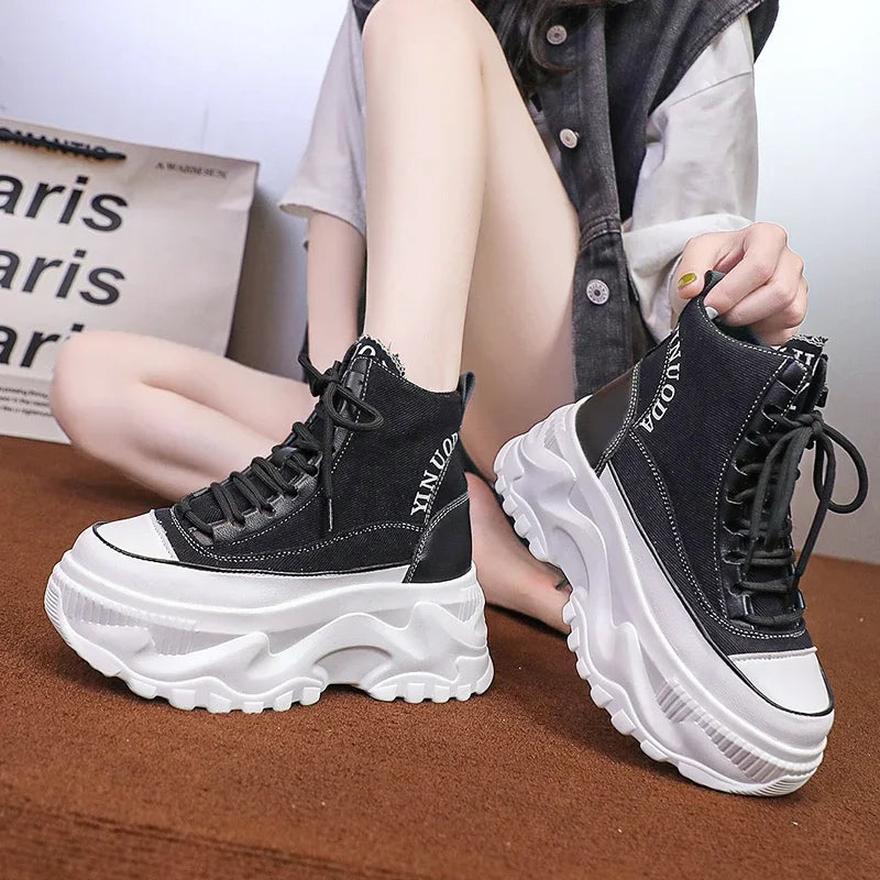 Women Sneakers High Top Platform Breathable Leather Shoes Autumn Ladies Wedges Casual Shoes For Woman Sports Dad Shoes 8CM