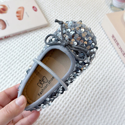 Girls Shoes Kids Glitter Leather Shoes for Wedding Stage Party Sequins Bling Shiny with Bow-knot Princess Soft Children's Flats