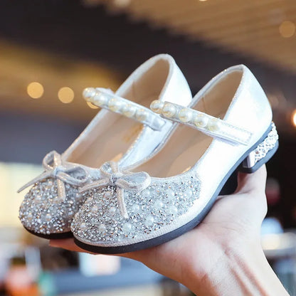 Little Kids Pearl Glitter Leather Shoes Girls Low Heeled Shoes Soft Soles Princess Dance Shoes Children Wedding Party Dress Shoe