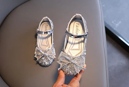 Girl's Princess Shoes Crystal Sequins Bowtie Party Glitter Children Mary Janes Three Colors Wedding Shallow Chic Kids Shoe 26-36
