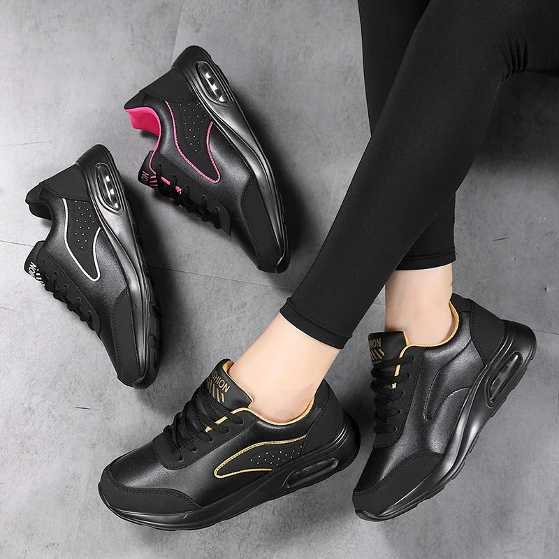 New Women's Fashionable Sneakers Leather Women's Casual Shoes Lace Up Flat Shoes Ladies Lightweight Fitness Walking Shoes