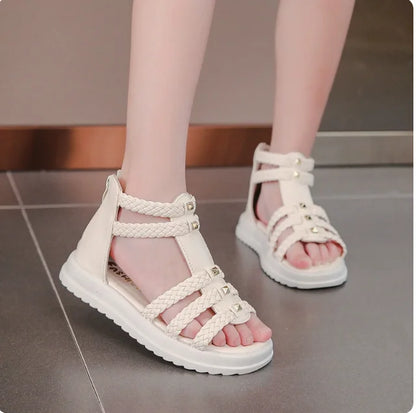 Girls Cute Roman Sandals Open Toe Braided Solid Color High-top Simple Rivets 2025 Summer Hollow Flat Casual Shoes