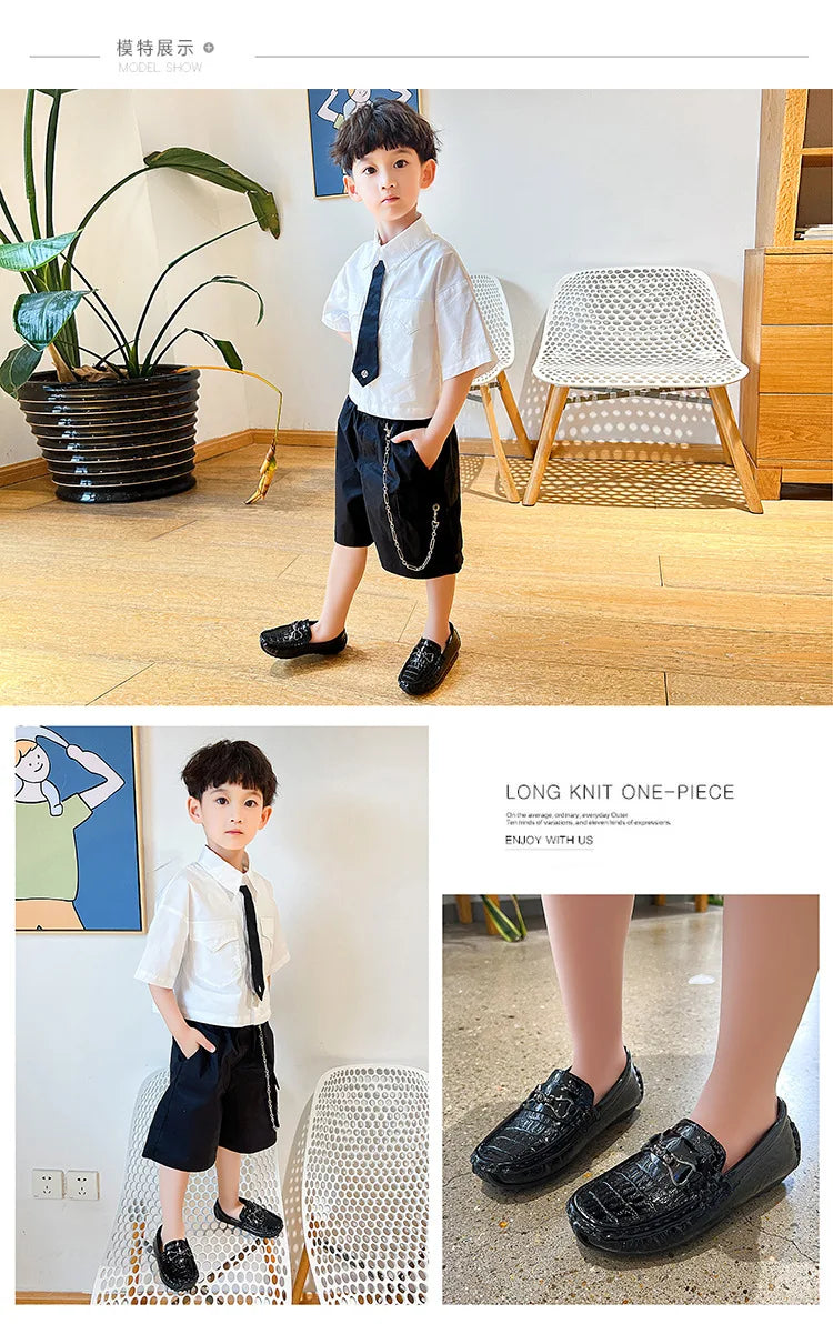 Children's Leather Shoe Boys Moccasins Non-slip Britain Style Round-toe Flat Shoes 2025 Autumn Fashion Casual Kids Loafers