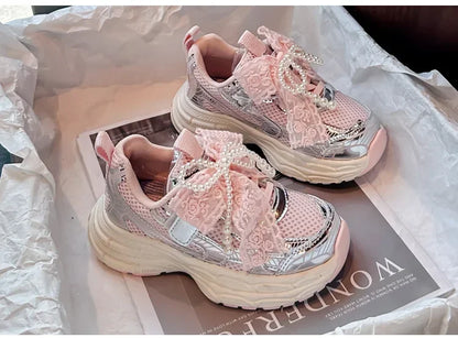 Girls Running Shoes with Sweet Mesh Bow Kids Sports Shoes Breathable New Fashion Children Sneakers Princess Style Cute