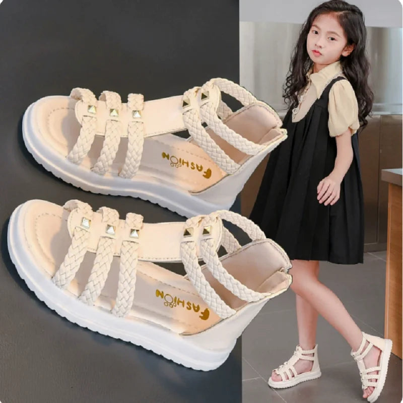 Girls Cute Roman Sandals Open Toe Braided Solid Color High-top Simple Rivets 2025 Summer Hollow Flat Casual Shoes