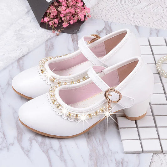 New Princess Kids High Heels Shoes Girls Wedding Dress Party Leather Shoes Children's White Shoes Performance Shoes for Students