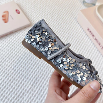 Girls Shoes Kids Glitter Leather Shoes for Wedding Stage Party Sequins Bling Shiny with Bow-knot Princess Soft Children's Flats