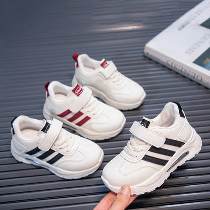2026 New Spring Fall Sport Shoes for Boys Fashion Patchwork Stripes Dad Sneakers for Girls Black Khaki Gray Kids Trainers