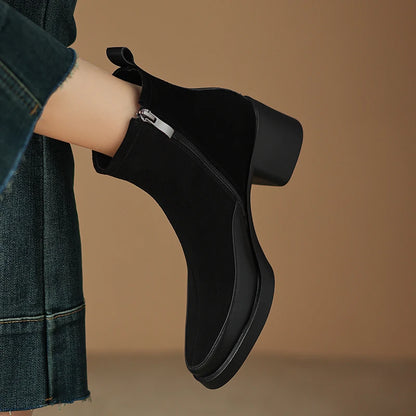 New Women's Short Boots Genuine Leather Retro Chunky Heel High Heel Boots Female Large Size Pointed Toe Women Ankle Boots