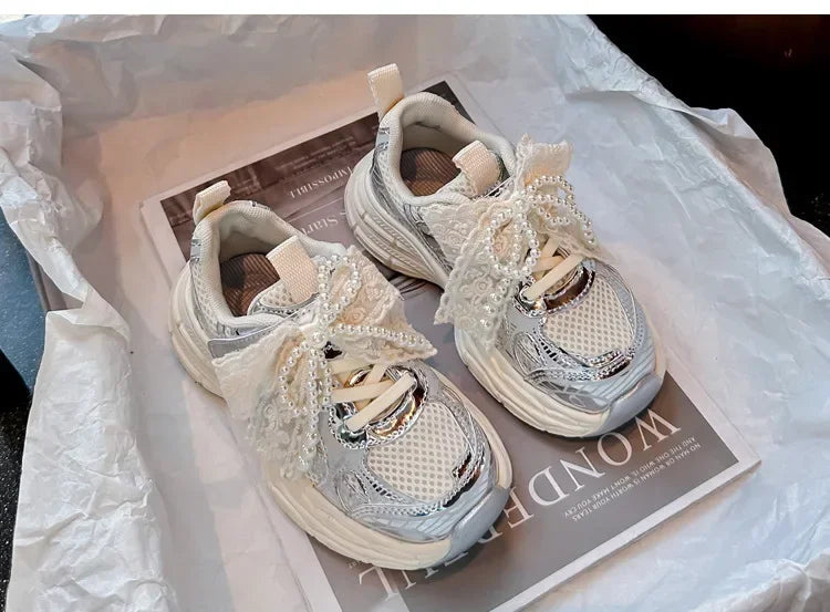 Girls Running Shoes with Sweet Mesh Bow Kids Sports Shoes Breathable New Fashion Children Sneakers Princess Style Cute