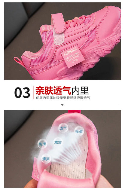 Spring New Kids Sneakers 2023 PU Girls Casual Mesh Solid Pink Light Boys White Hook & Loop Children Non-slip Sports Shoe Fas