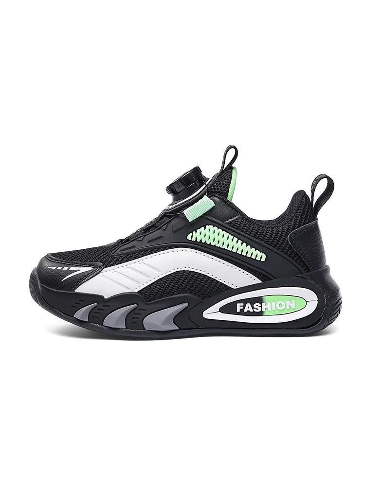 Boys' New Trendy Color-Blocked Mesh Sneakers with Knob Buckle, Dad Shoe Style Breathable Children's Shoes, Spring and Autumn Campus Outdoor Non-Slip Running Shoes, Casual Sports Trendy Shoes