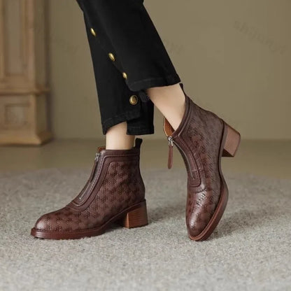 Women's Short Boots New Autumn Winter Zipper Vintage Chunky Heel Middle Heel Shoes Comfortable Warm Non Slip Fashion Boots