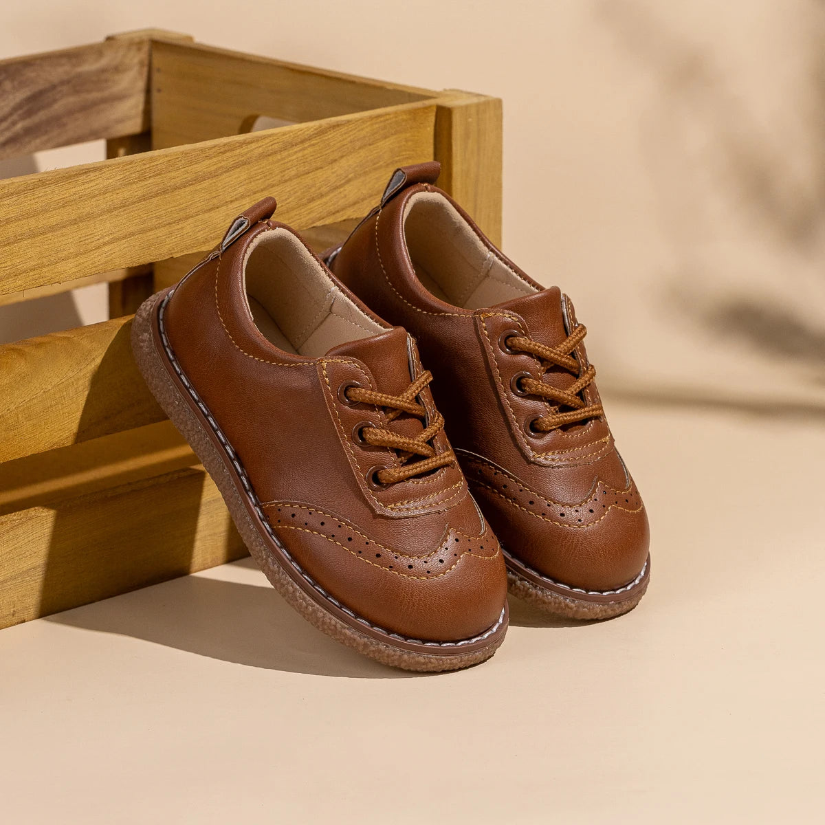 KIDSUN Children Retro Casual Leather Shoes Comfortable Breathable Rubber Soft Anti-Slip Flat Sole Lace Up Solid Color Flats Shoe